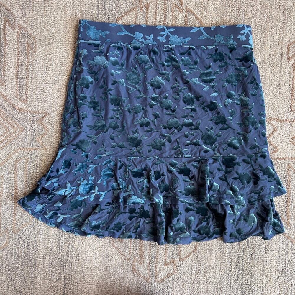 Y2K Velvet Burnout Floral Mini Skirt Ruffle Fairy Romantic Teal Blue 90s 0x XL